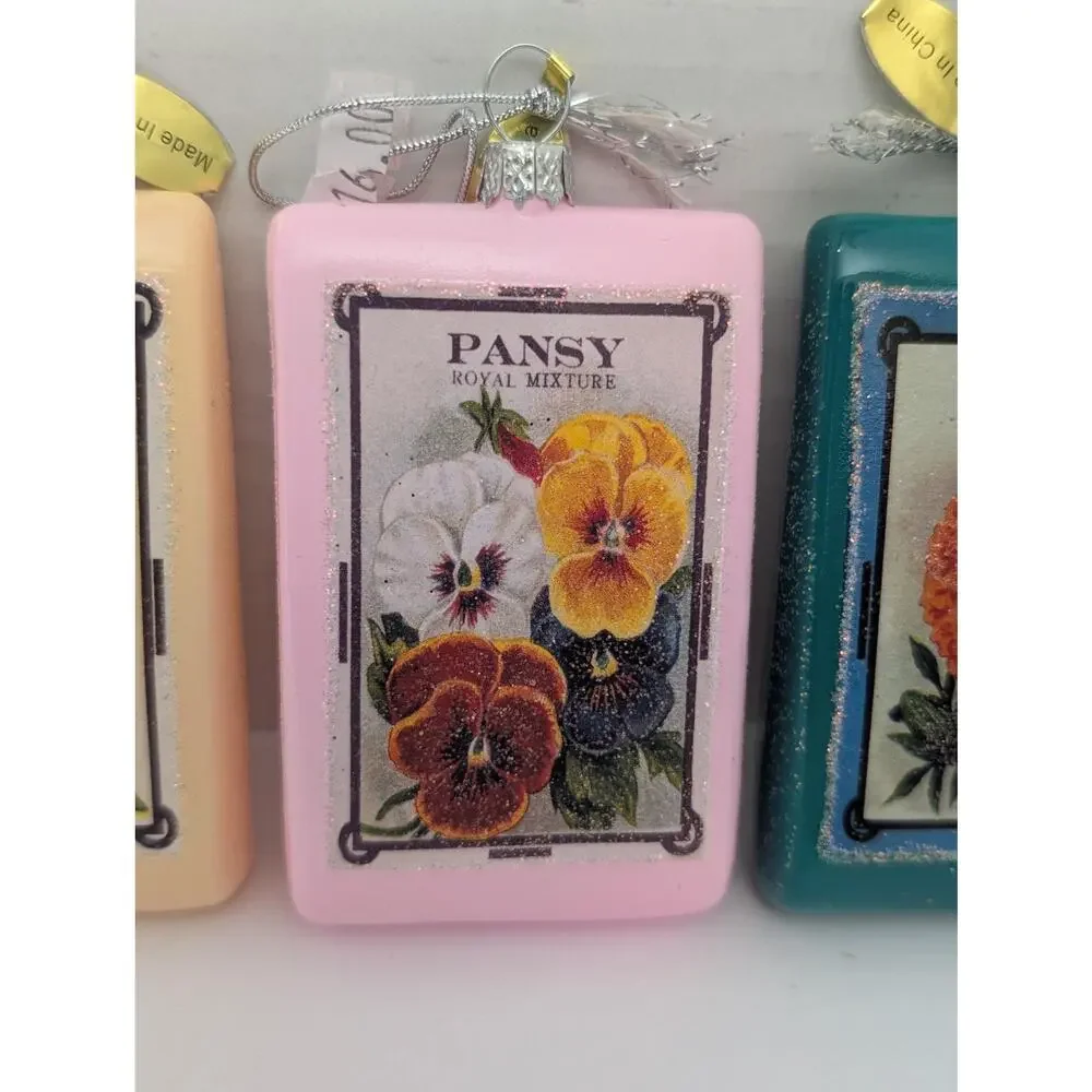 Vintage Seed Packet Glass Ornaments Set Hollyhocks Pansy Marigold Garden Decor